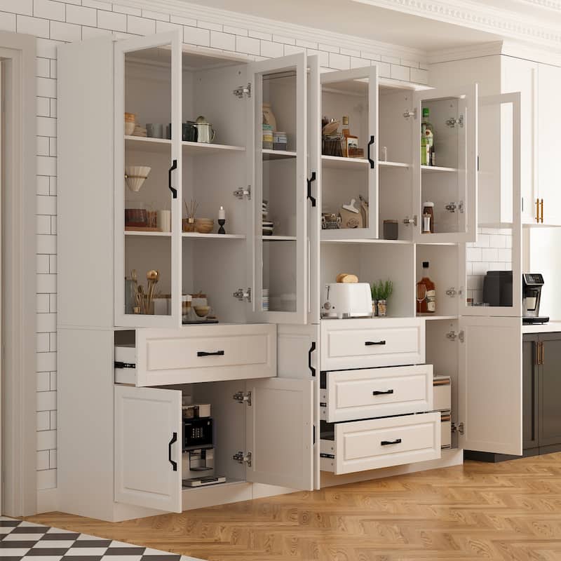 78.7"Modular White Curio Bookcase Cabinet w/Glass Doors Buffet Display