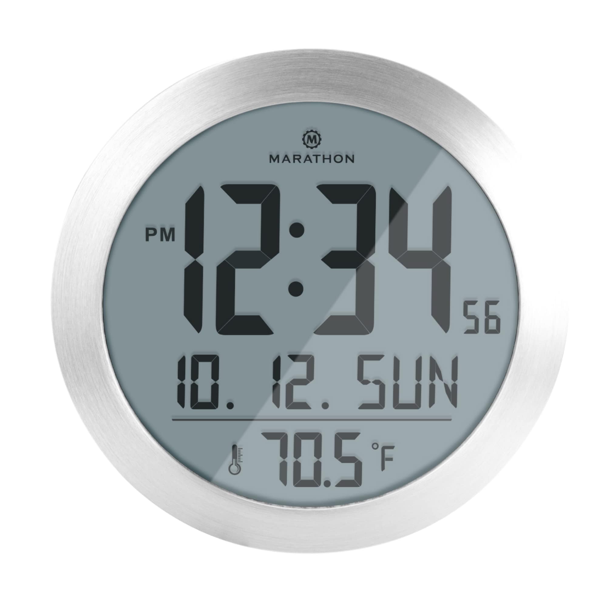 Round Digital Wall Clock, Stainless Steel, Display-AM/PM or 24-Hour Time, Eight Time Zones, Indoor Temperature