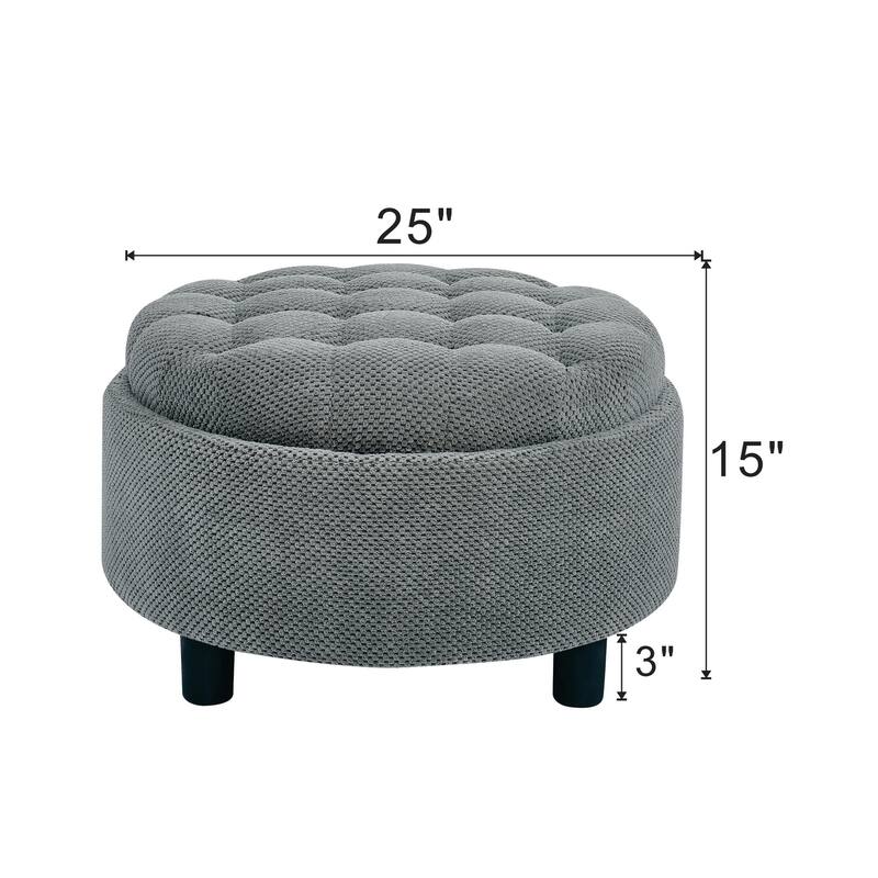 Round Storage Ottoman with Lift-Off Tray and Upholstered Fabric