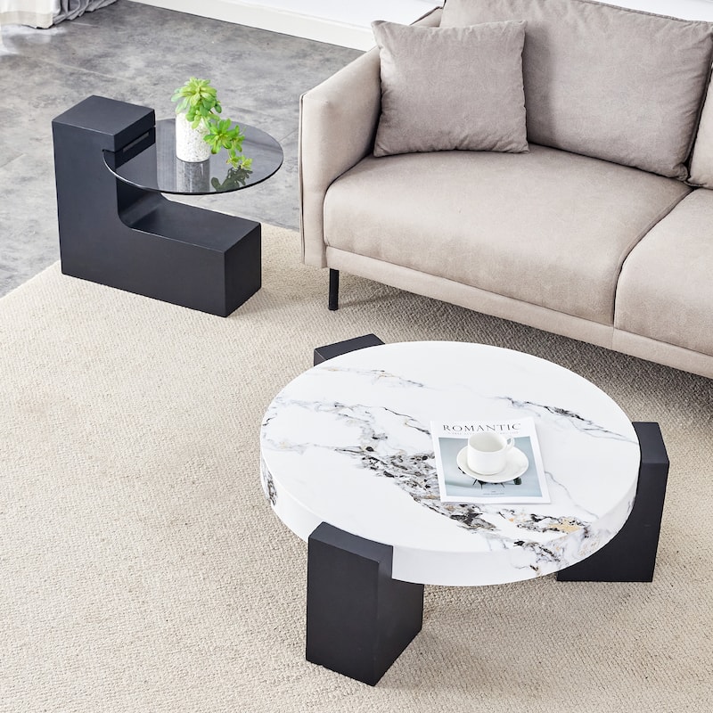 Modern Round Coffee Table with MDF L-Shaped Legs and Double-Layer Design for Living Room