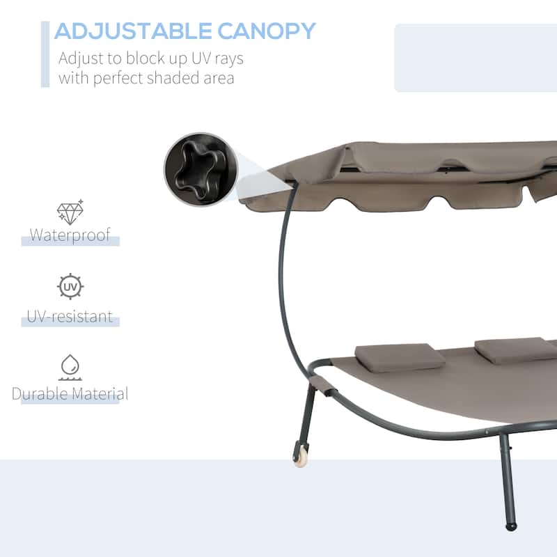 Outsunny Patio Double Chaise Lounge Chair, Outdoor Wheeled Hammock Daybed with Adjustable Canopy and Pillow