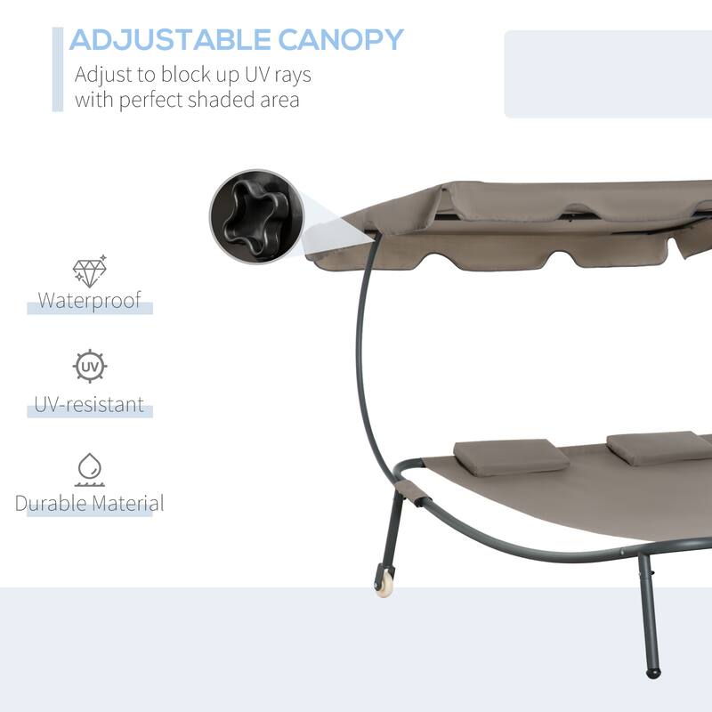 Outsunny Patio Double Chaise Lounge Chair, Outdoor Wheeled Hammock Daybed with Adjustable Canopy and Pillow