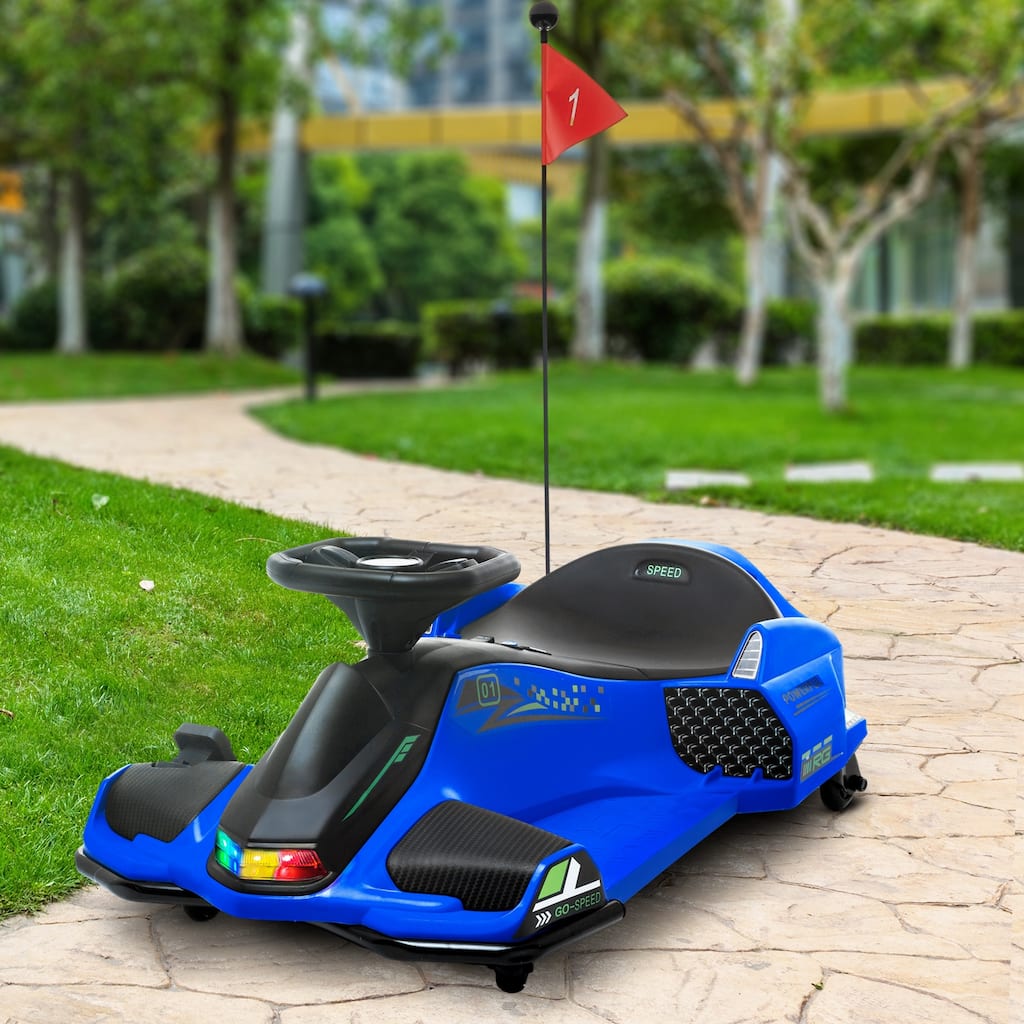 Stylish Go Kart with Flag, Blue Drifting Car with Colorful Lights, 12V Ride on Electric Vehicle Toy for Kids with Music