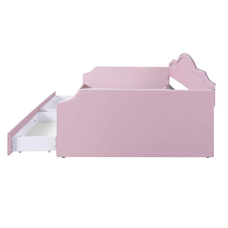 Pink Velvet Upholstered Full Size Daybed with LED Lights and 2 Storage Drawers
