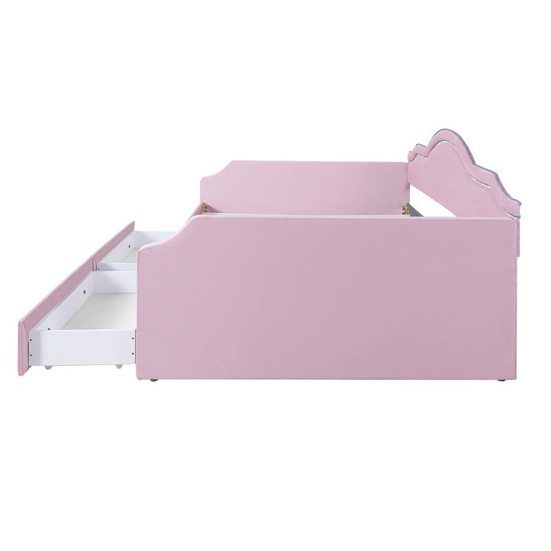 Velvet Upholstered Daybed Platform Bed with Headboard and 2 Storage Drawers, Adjustable LED Light, No Box Spring Needed