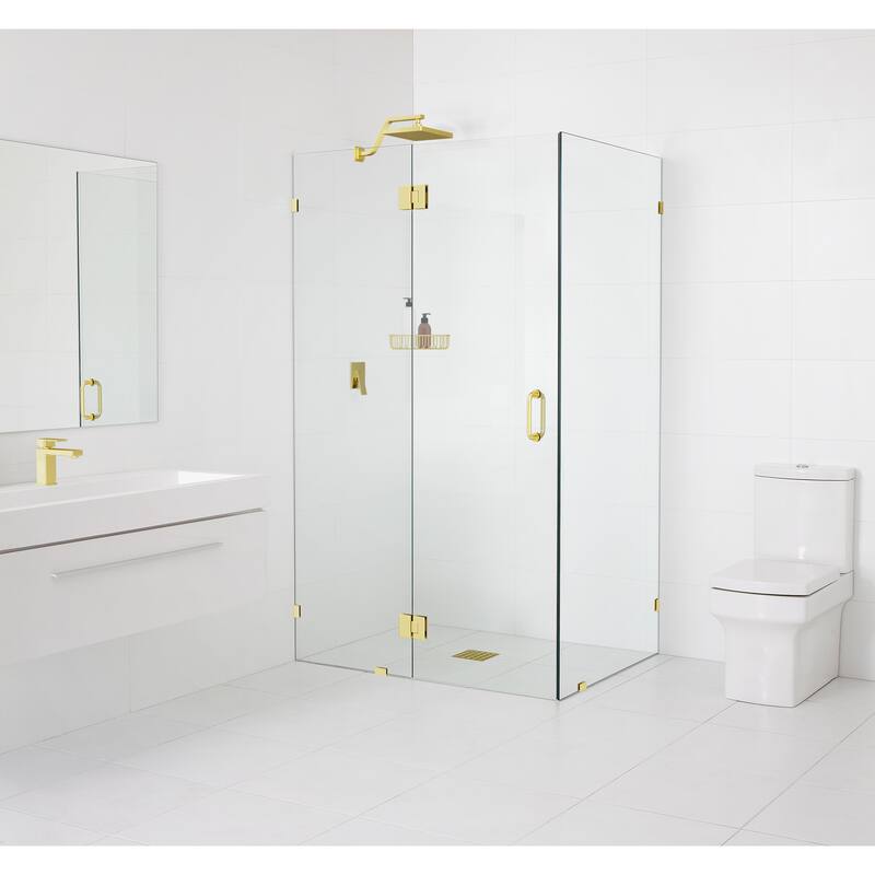 Glass Warehouse 78" x 59" x 34" Frameless 90 Degree Shower Enclosure - Glass Hinge - Polished Brass