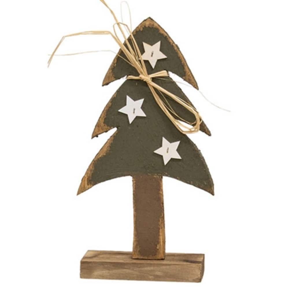 Rustic Wood Christmas Tree w/White Stars on Base - 10.75"H
