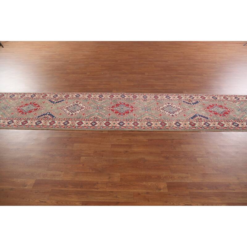 Hand Knotted Oriental 100% Wool Carpet Traditional Geometric Brown Kazak Runner Rug - 15' 11'' X 2' 8''