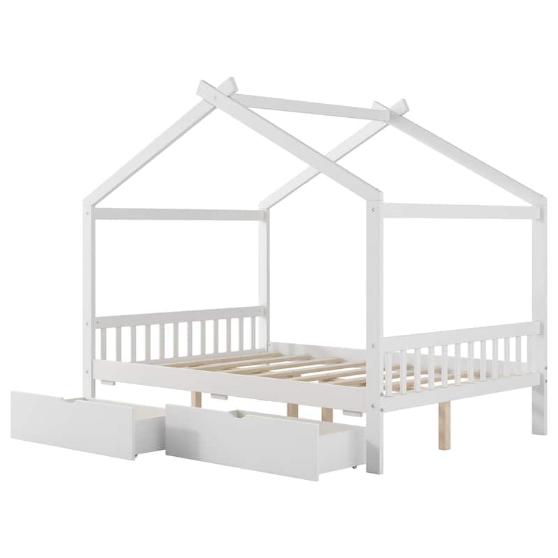 Full Size House Platform Bed with 2 Drawers,Headboard and Footboard, Roof Design, White