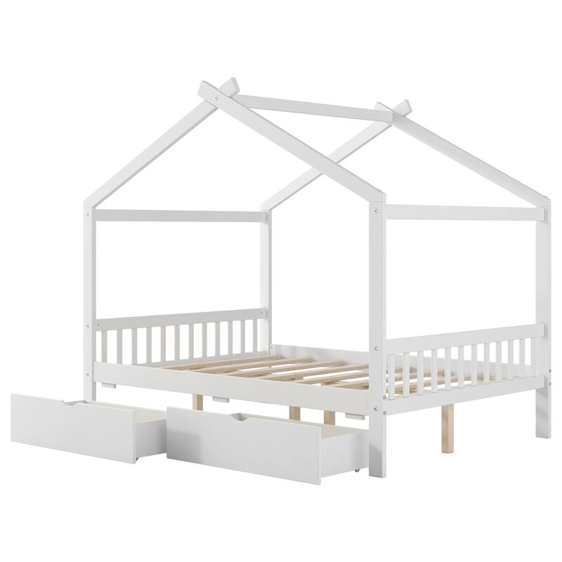 Full Size House Platform Bed with Drawers, Headboard, Footboard, and Roof Design in White