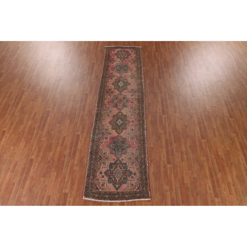 Pink Geometric Tabriz Persian Vintage Runner Rug Handmade Wool Carpet - 3'3"x 12'5"