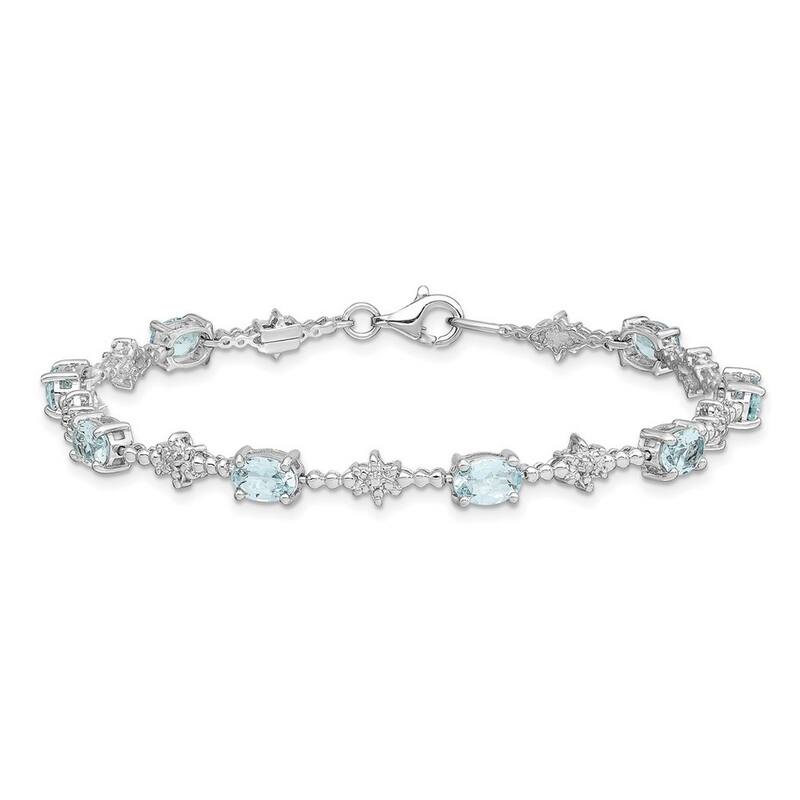 Curata 925 Sterling Silver Polished Fancy Lobster Closure Aquamarine and Diamond Bracelet