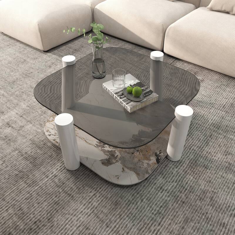 35 in. Square Tempered Glass and Stone Tabletop Modern Coffee Table with Steel legs - White