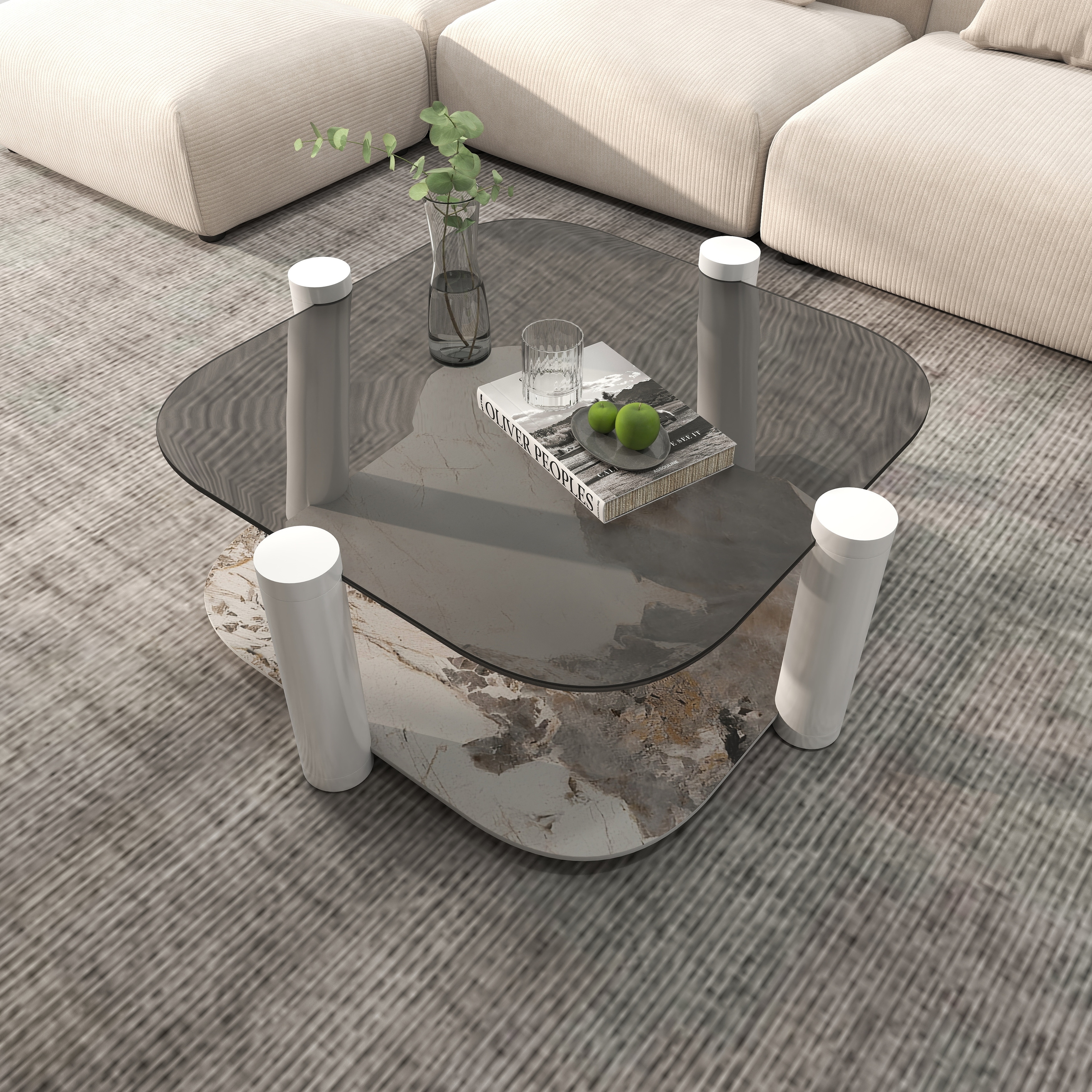 35 in. Square Tempered Glass and Stone Tabletop Modern Coffee Table with Steel legs