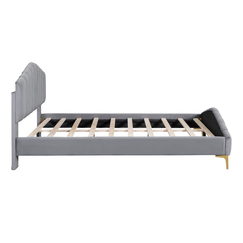 Queen Size Velvet Platform Bed with Metal Bed Leg