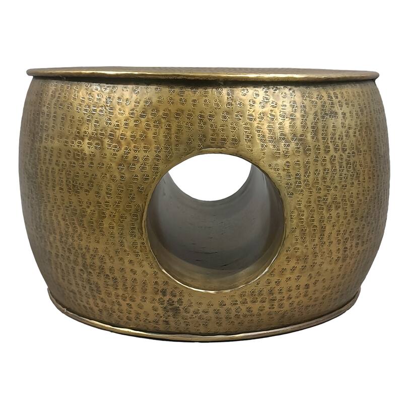 Nala 23 Inch Coffee Table, Low Round Drum Shape with Unique Hollow Center, Antique Brass Aluminum