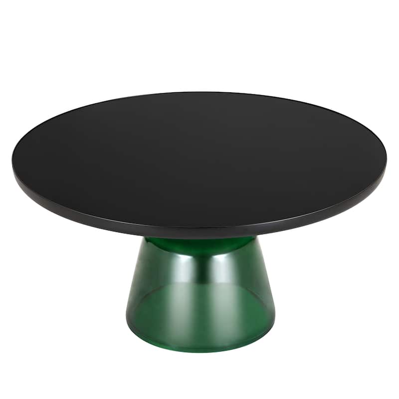 30-Inch Round Coffee Table Glass/Stone Tabletop with Black Iron Rim Frame Glass Pedestal Base - Green/Black Glass