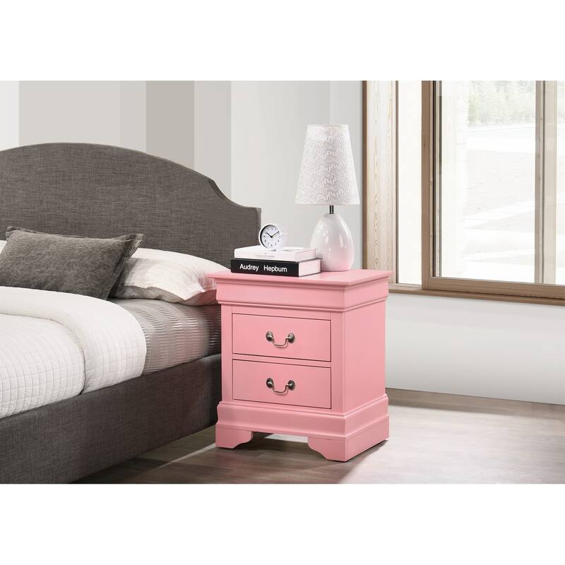 2 Drawer Pink Nightstand, 24 Inch Classic Bedside Table with Real Wood Veneers and English Dovetail Drawers