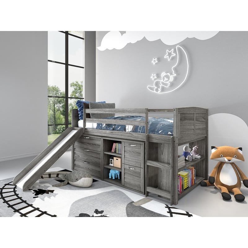 Twin-size Antique Grey Louver Storage Bookcase Loft Bed with Slide. - Loft Bed 3Drawer Chest 2Drawer Chest Bookcase - Antique Grey