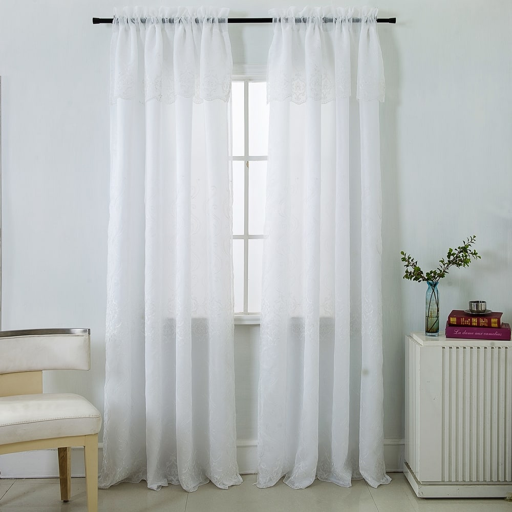Porch & Den Easterday Damask Embroidered Rod Pocket Single Curtain Panel - 54 x 90 in.
