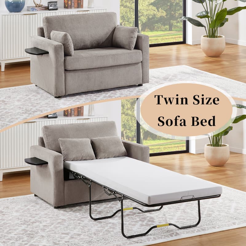 Roomfitters Twin Sofa Bed with Foldable Mattress, Side Table, Storage Pocket and USB Ports for Living Room