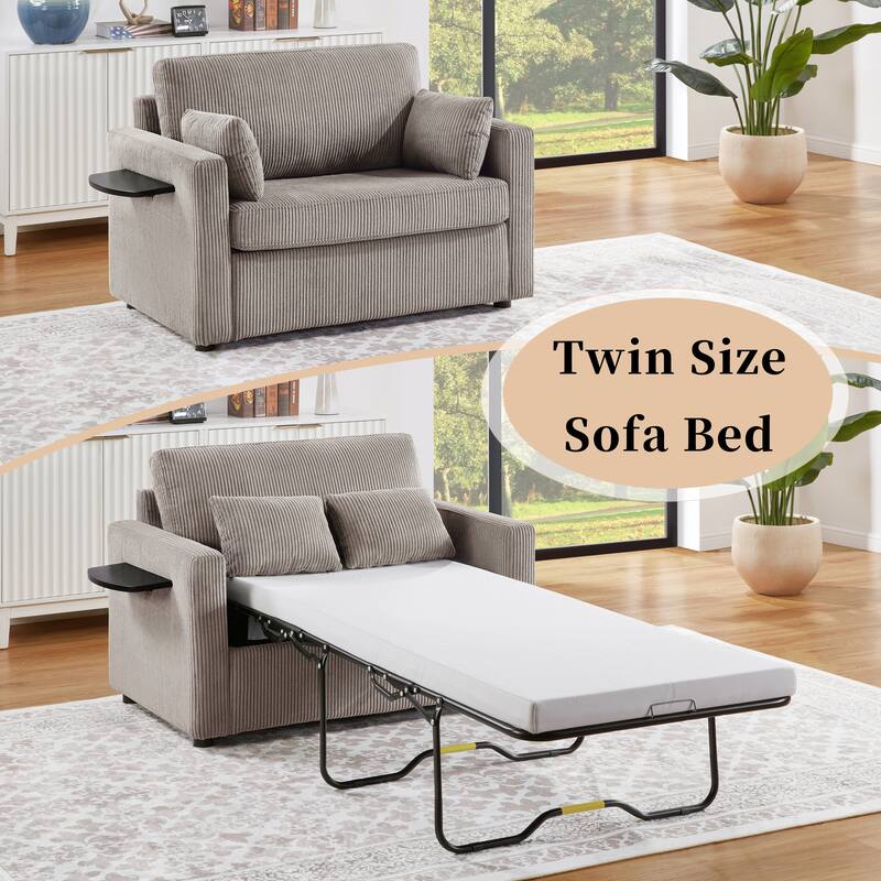 Twin Size Sofa Bed Sleeper Sofa with a Foldable Mattress, a Foldable Side Table, a Side Storage Pocket and Two USB Ports