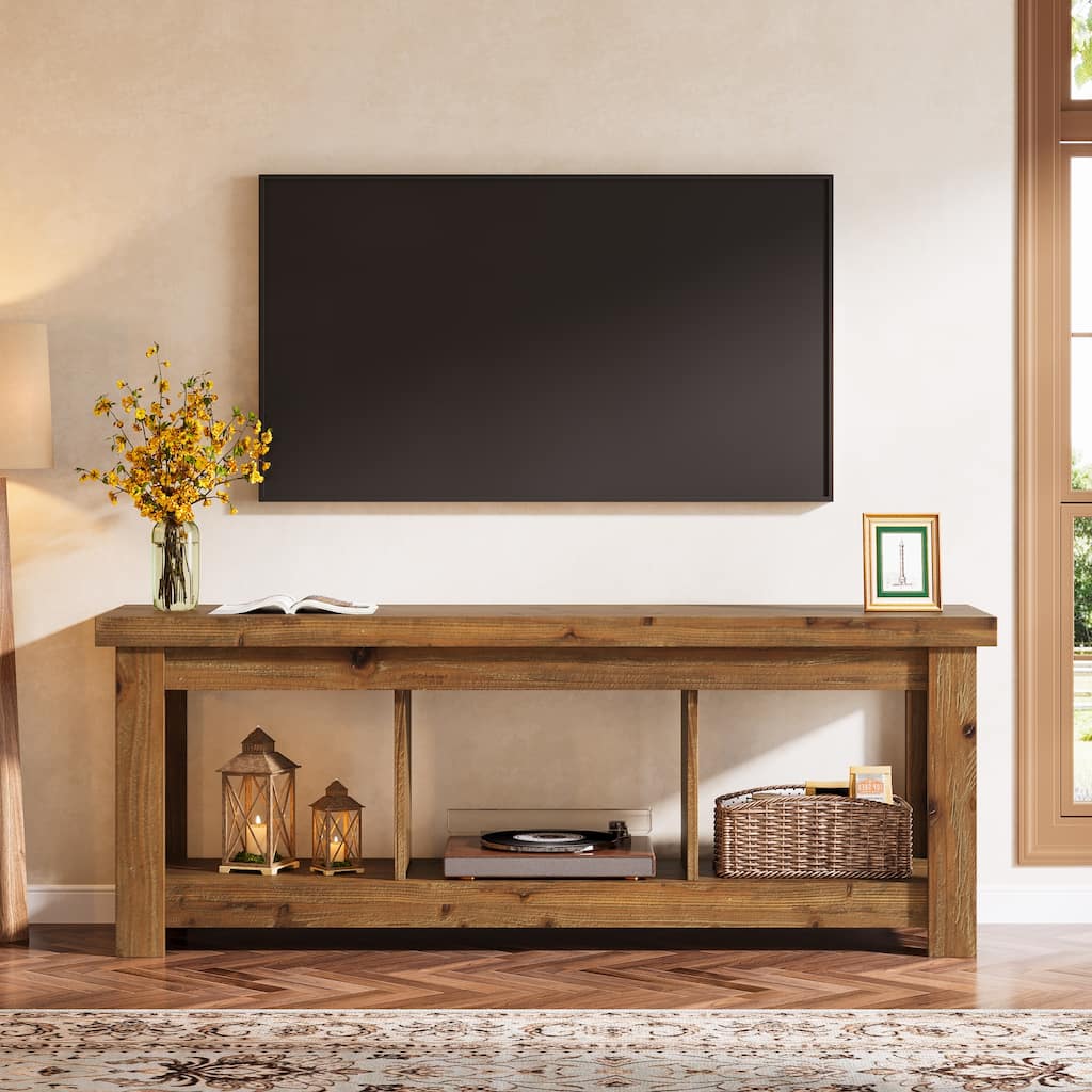 63" Solid Wood TV Stand for 75/65/60/55-Inch TVs, Farmhouse Entertainment Center with 3 Shelves, Rustic Brown