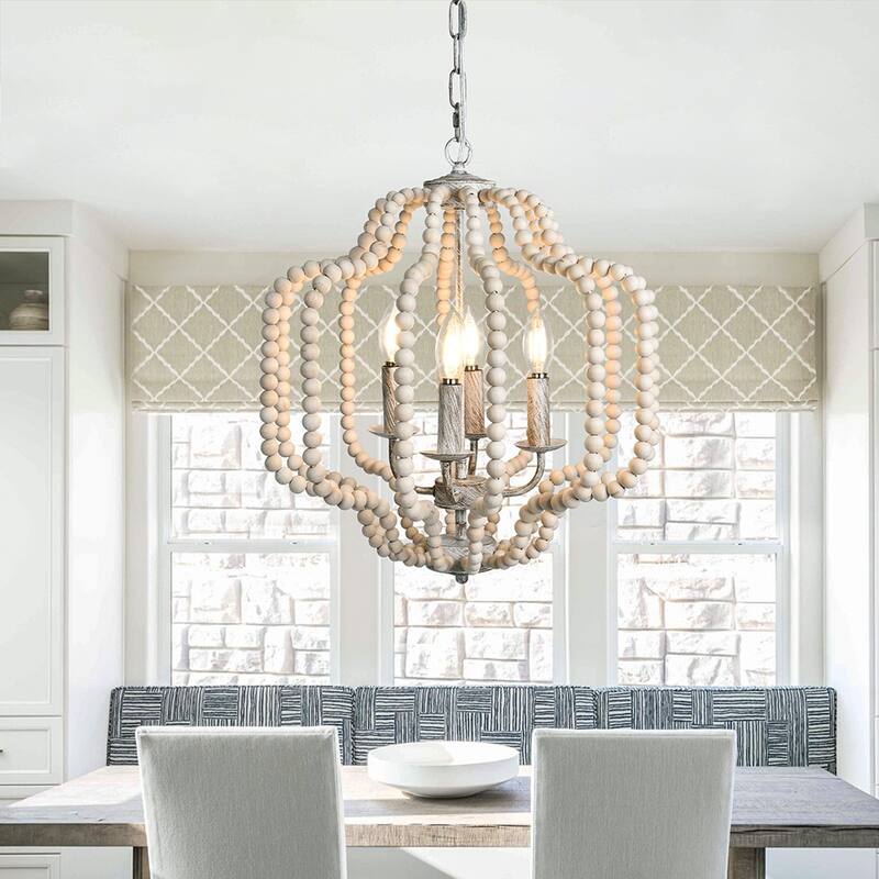 OYIPRO 4-Light Farmhouse Geometric Chandelier with Wood Beads - Wooden