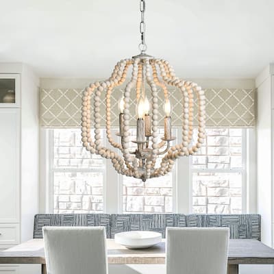 OYIPRO 4-Light Farmhouse Geometric Chandelier with Wood Beads