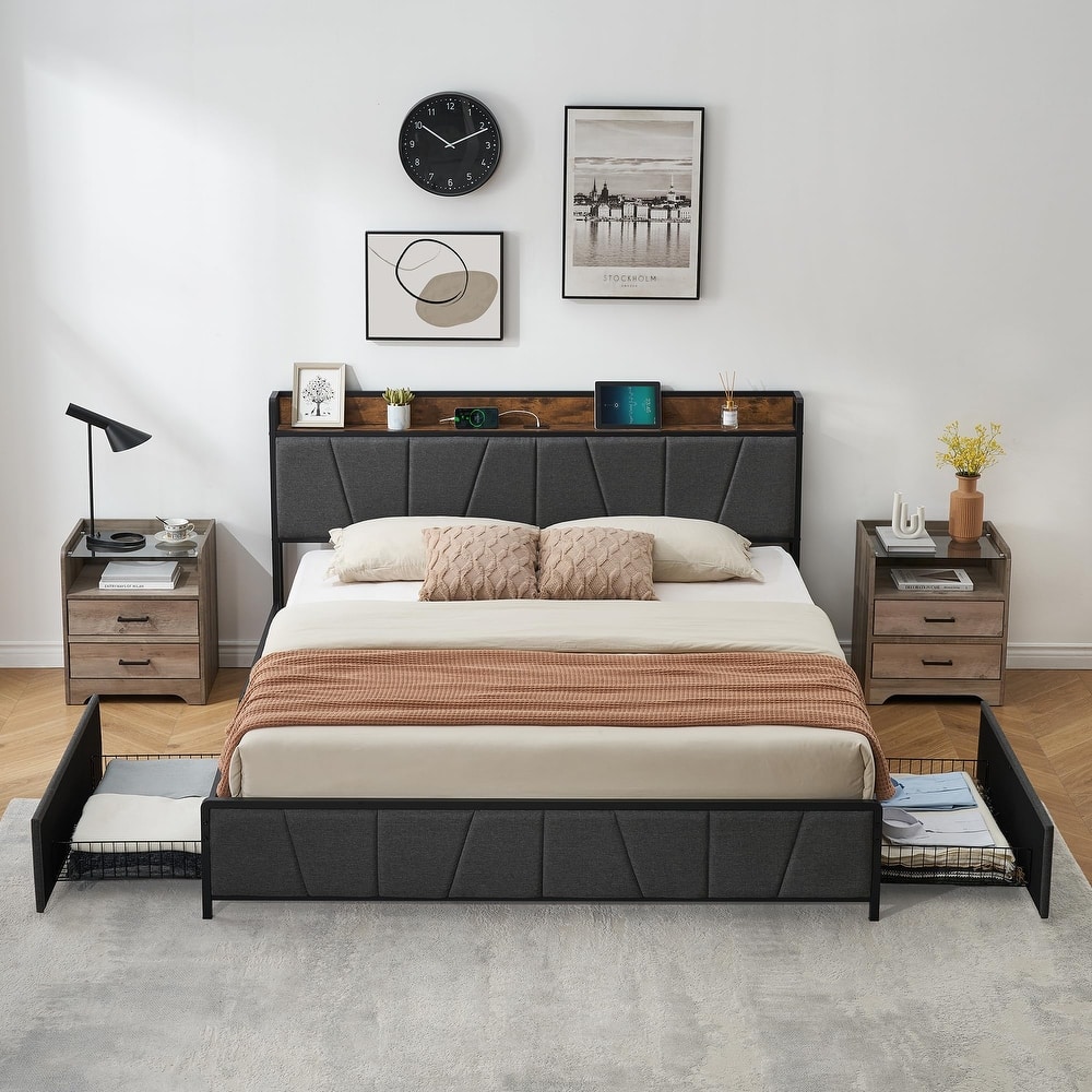 Upholstered Platform Bed Frame with Storage Headboard and Charging Station
