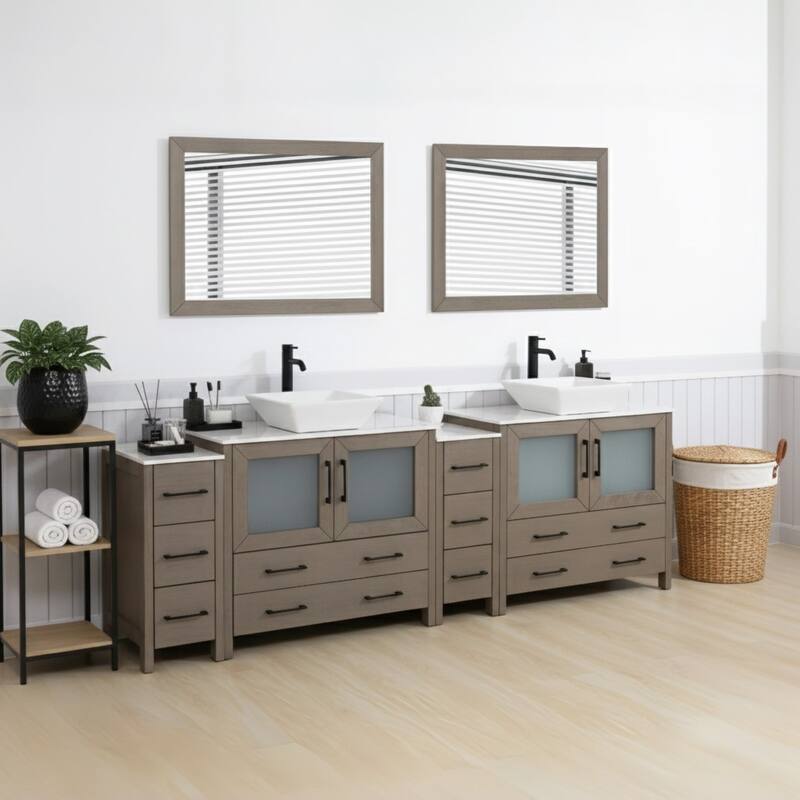 Vanity Art 96" Double Sink Bathroom Vanity Set with Engineered Marble Top and Free Mirror