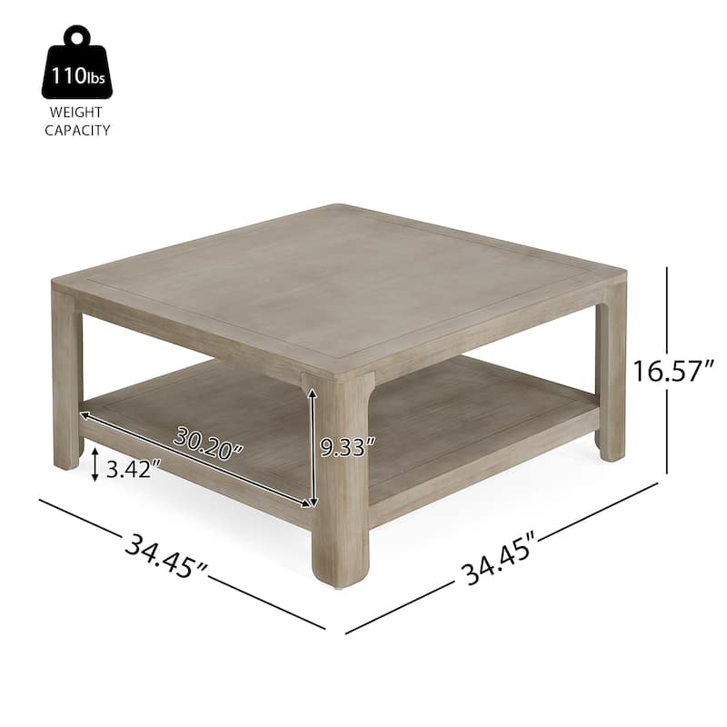 Square Coffee Table with Open Storage Shelf, Double-Tier Wooden Center Table for Living Room/Office, Classic Cocktail Table