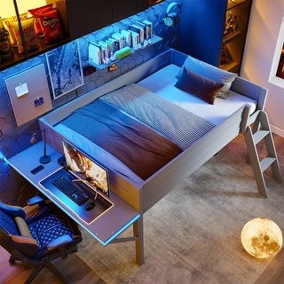 Twin/Full Size Gaming Loft Bed with Bulit-in Desk and LED Light, Wooden Low Kids Loft Bedframe with Ladder
