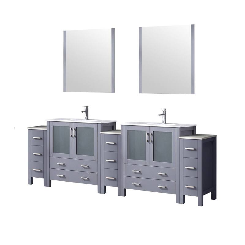 Volez Double Bath Vanity with Side Cabinets, White Ceramic Top, 28 in Mirrors and Faucet Set - 96