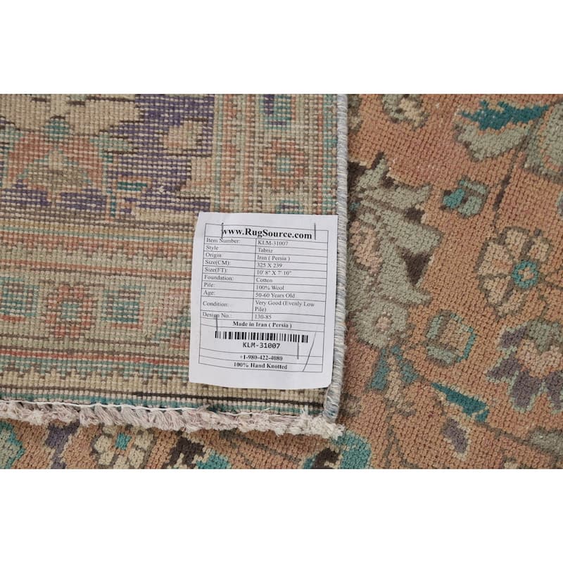 Distressed Tabriz Persian Vintage Rug Hand-Knotted Peach Wool Carpet - 7'10"x 10'8"