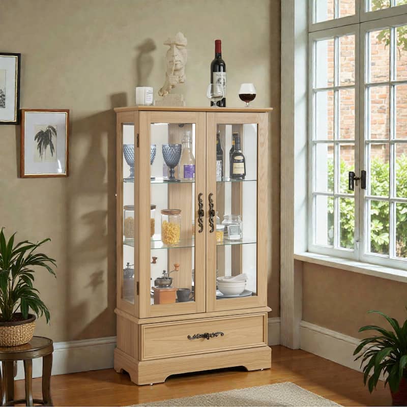 Lighted Glass Curio Cabinet with Drawer, Vintage 2 Door Display Cabinet with Adjustable Shelves and LED Light