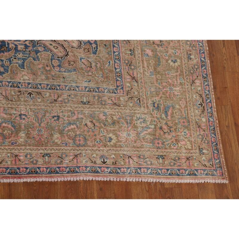 Distressed Pink Mashad Persian Antique Rug Hand-Knotted Wool Carpet - 9'8" x 12'5"