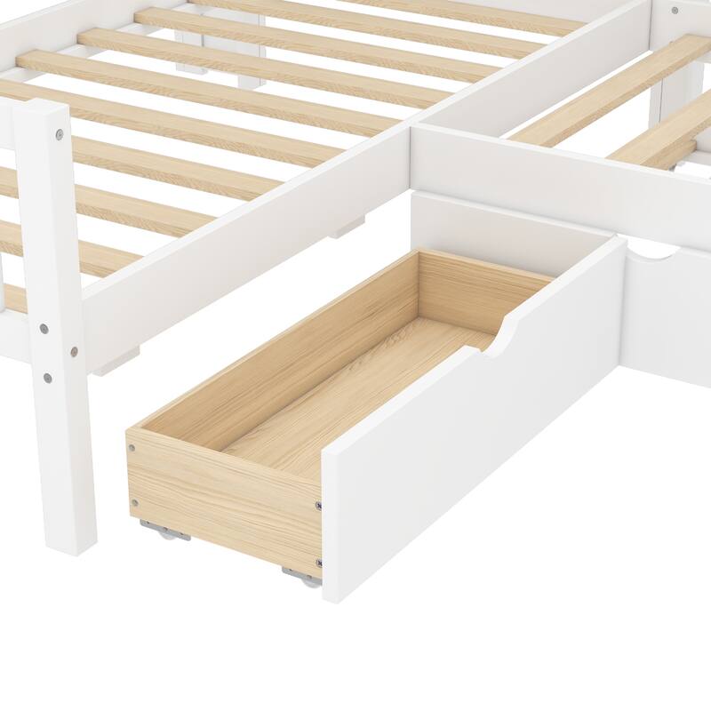 L Shaped Twin Platform Bed with Pull Out Trundle and Drawer, Solid Wood Twin Size Bed Frame with L Shaped Storage Bookcases