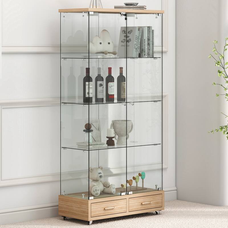 Modern Glass Display Cabinet with Large Drawer for Living Room and Bedroom