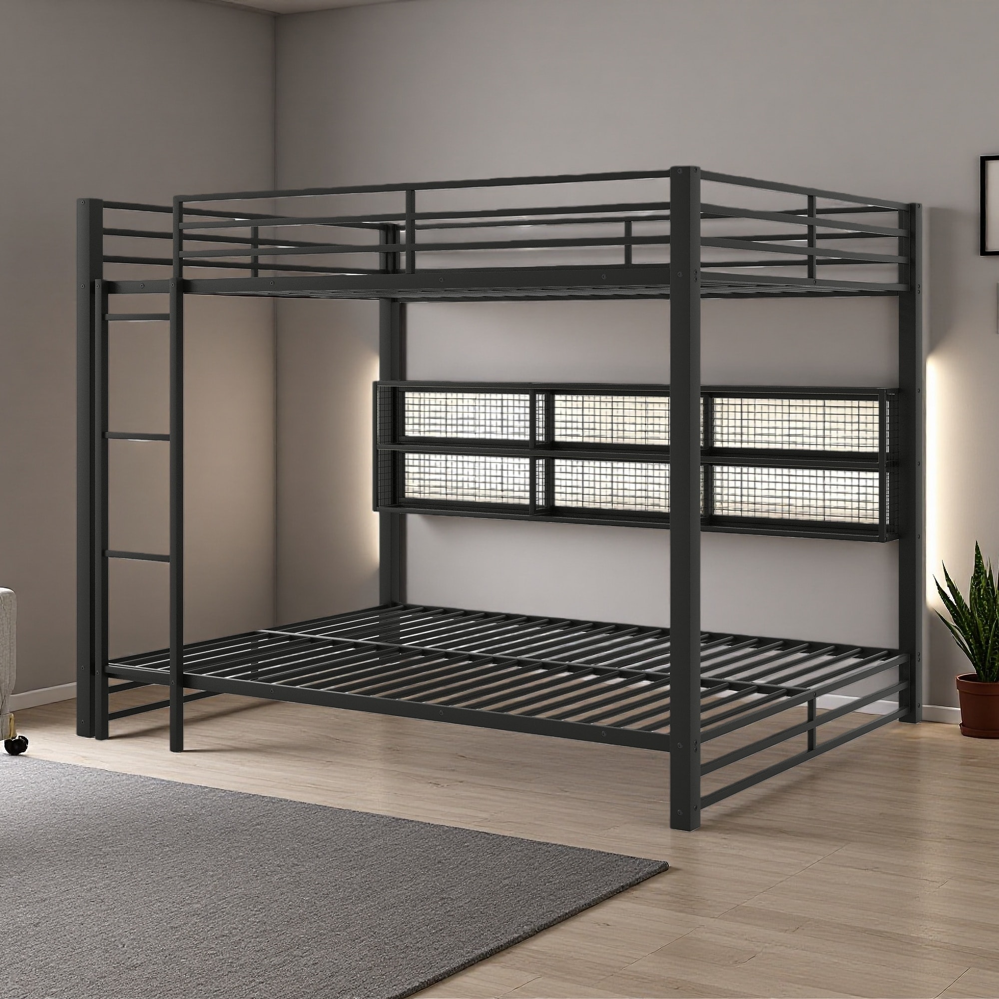 Queen over Queen Metal Bunk Bed with Storage Cabinets and LED Lighting