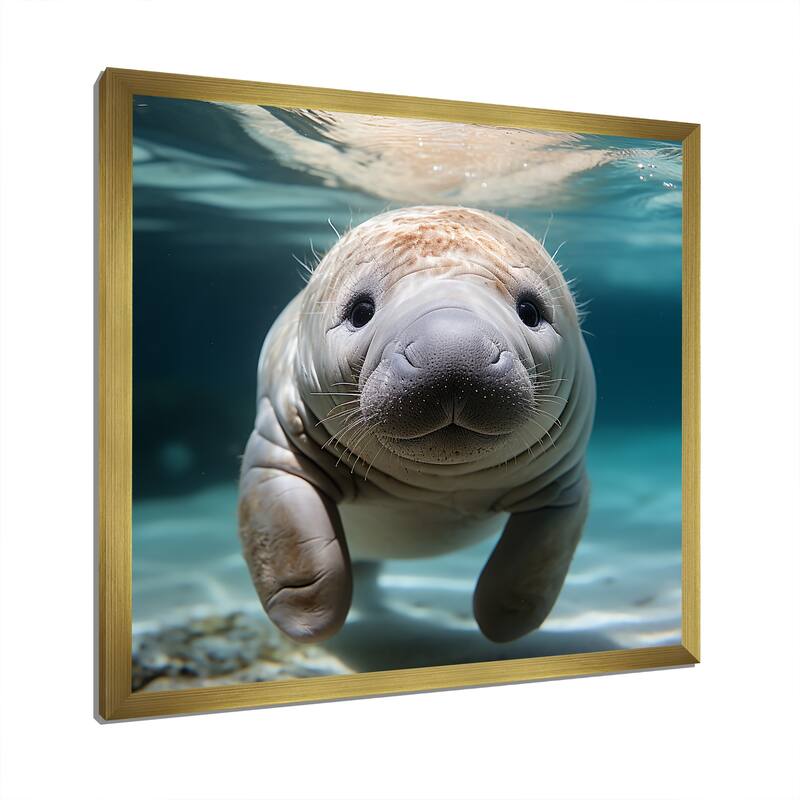 Designart "Curious Manatee Gaze III" Manatee Wall Decor Blue Modern Entryway Framed Wall Art
