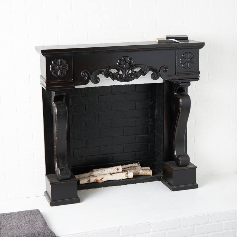 Black Wood Freestanding Scroll Decorative Fireplace Mantle with Floral Accents - Black