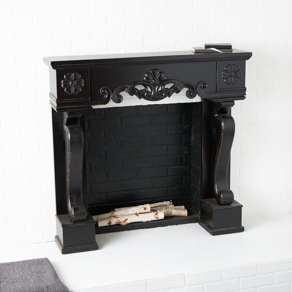 Black Wood Freestanding Scroll Decorative Fireplace Mantle with Floral Accents