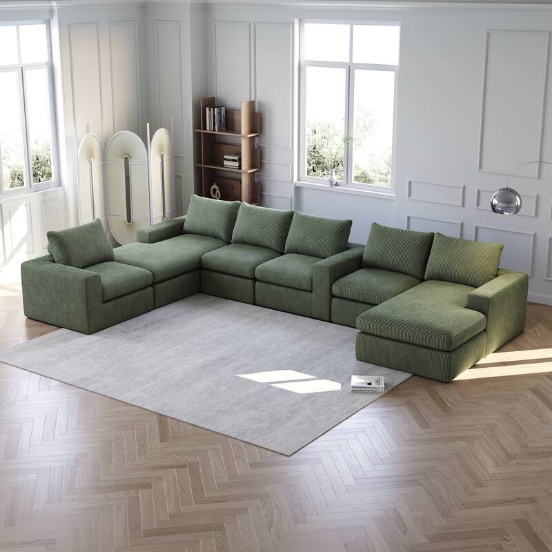 Corduroy Cloud Sectional Sofa with Chaise – L-Shaped Modern Upholstered Sofa - 6 Seat - Green-6 Seats
