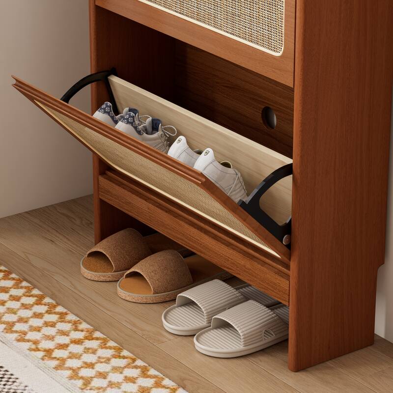 Rattan Shoe Cabinet for Entryway, Shoe Rack with 3 Flip Drawers & Black Pegboard