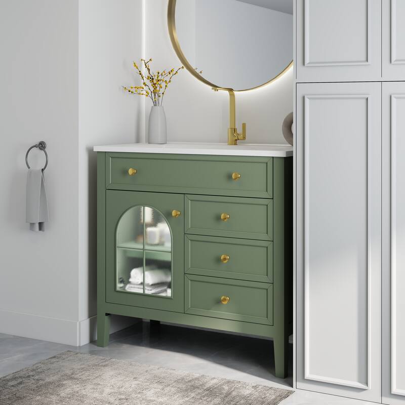 35.6" Mid-Century Bathroom Vanity Sink with Patterned Glass & Motion-sensor Light Strip, Freestanding