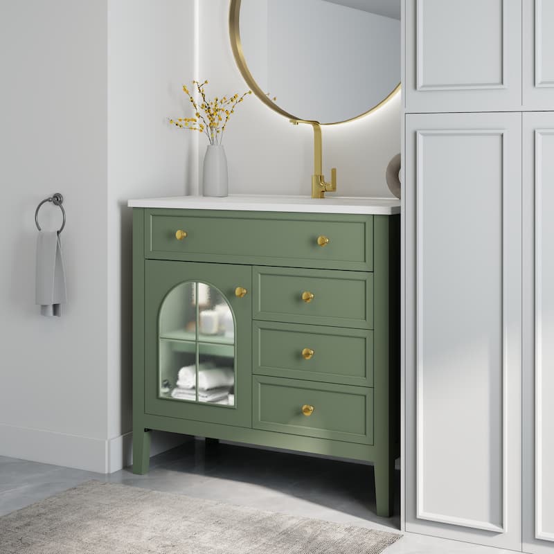 35.6-Inch Mid-Century Bathroom Vanity Sink with Patterned Glass & Motion-Sensor Light Strip, High-End Vanity Cabinet