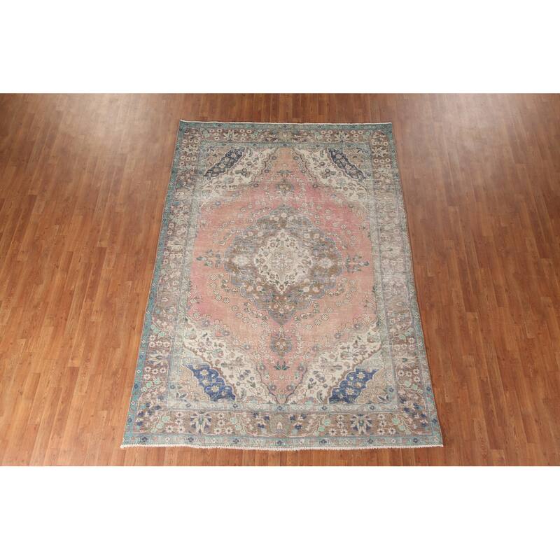 Hand Knotted Oriental 100% Wool Carpet Traditional Medallion Pink Tabriz Area Rug - 9' 8'' X 6' 8''