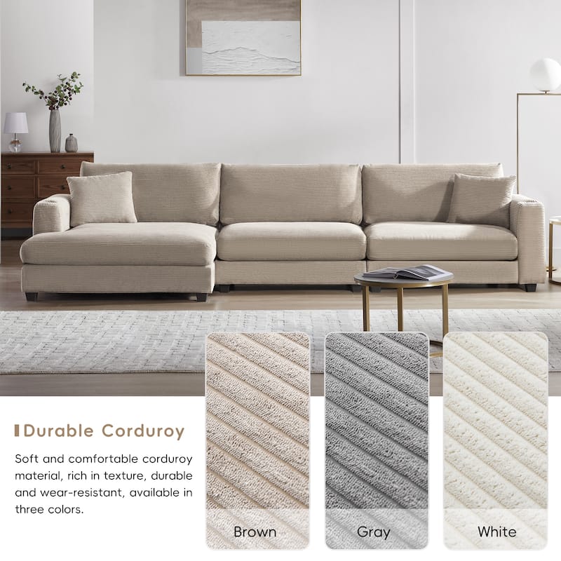Corduroy Sectional Sofa with Chaise, USB Ports, Cup Holders - Comfy Living Room Furniture