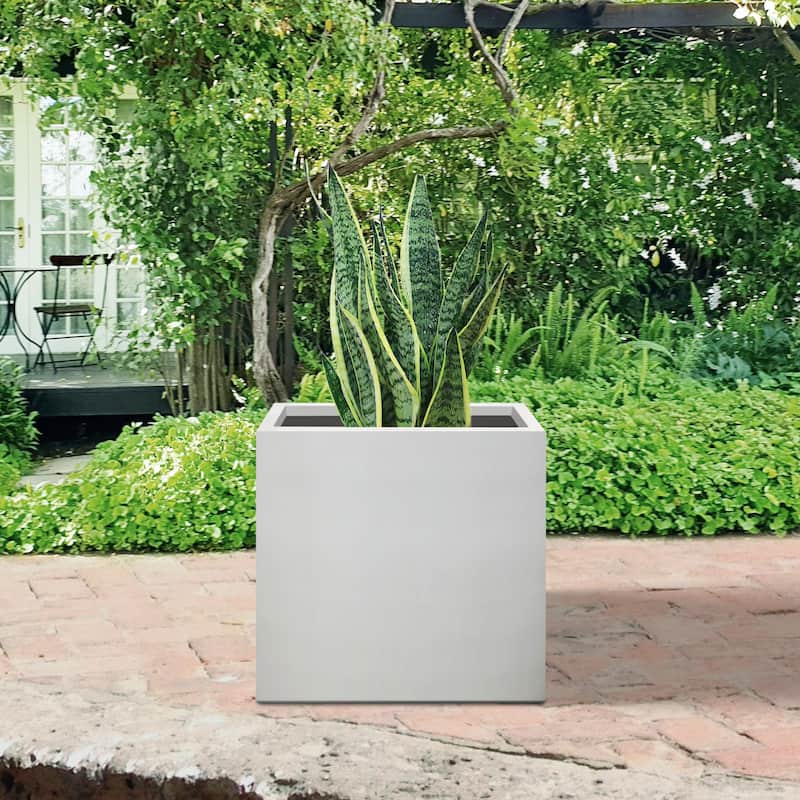 Plantara 12" L Square Solid White Concrete Plant pot, Modern Planter, Outdoor Garden Flower pot for with Drainage Hole